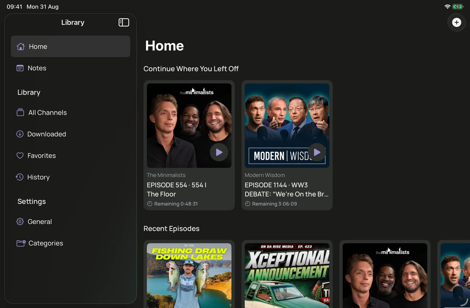 iPad Home in landscape, with library sidebar and continue listening