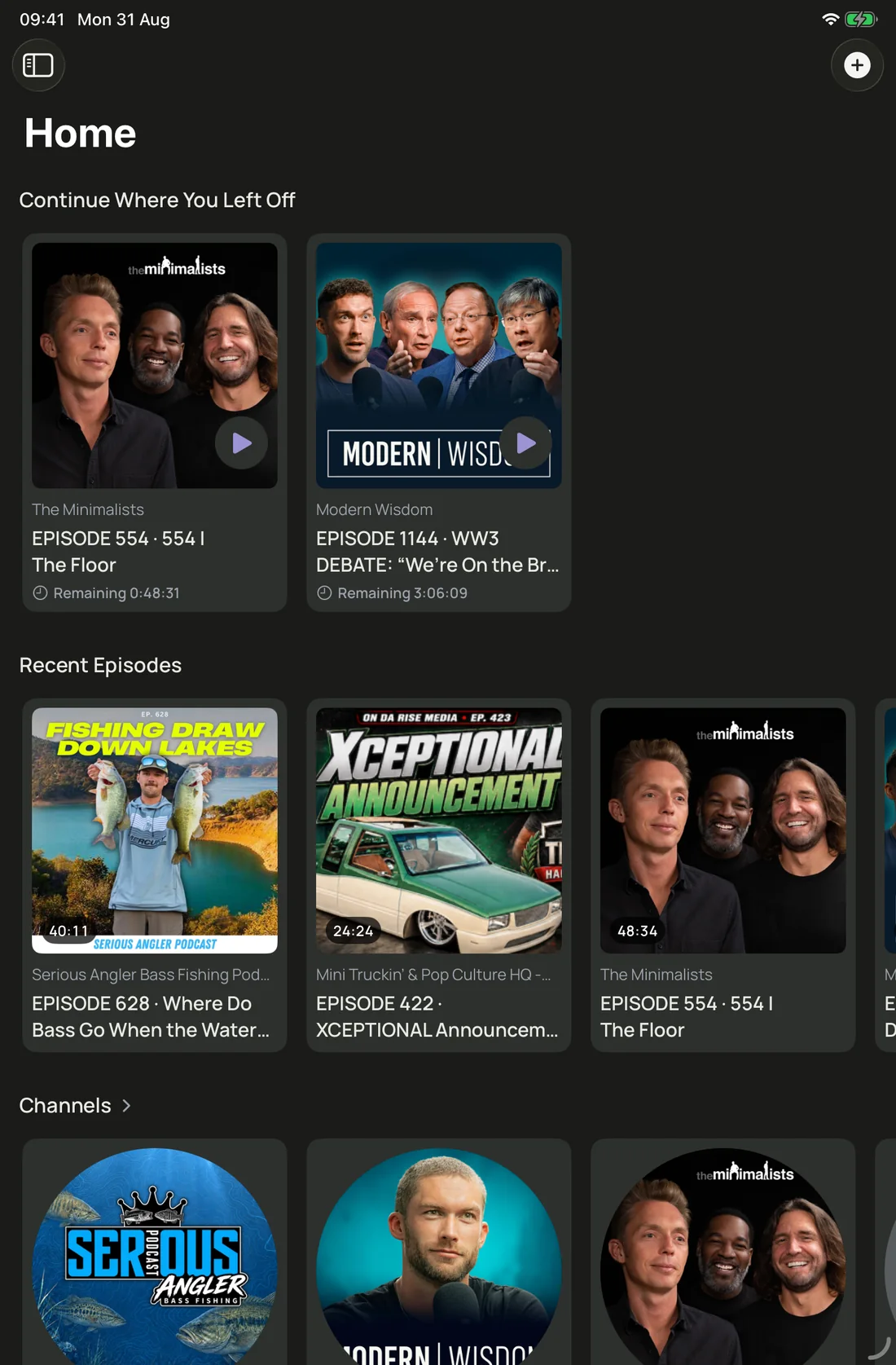 Podivio Home on iPad in portrait, with continue listening and recent episodes