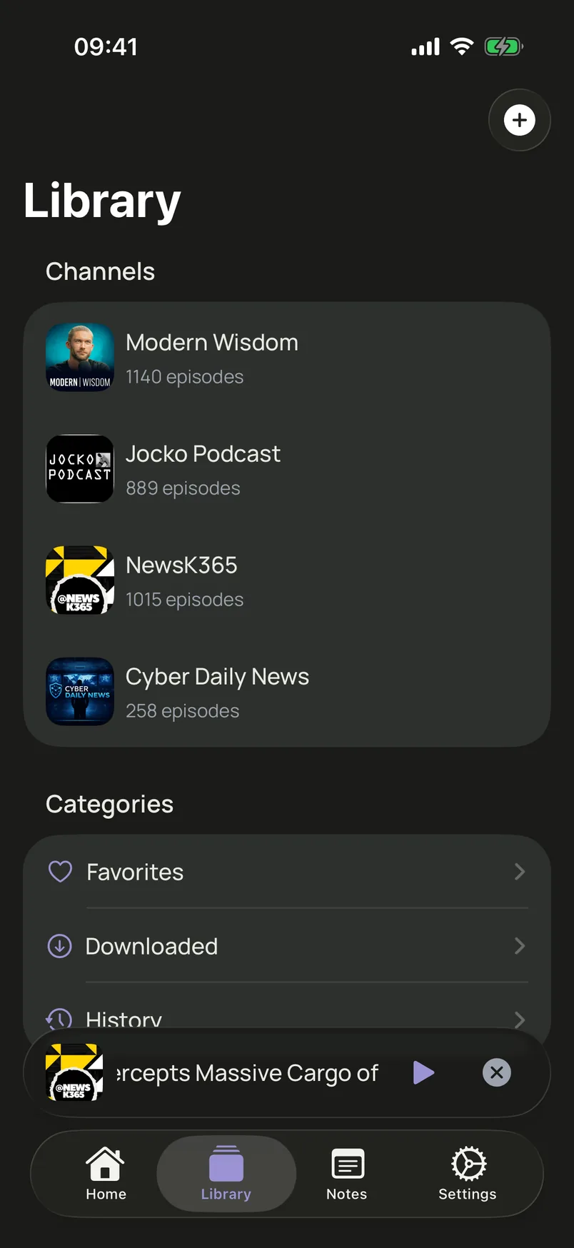 Library list of channels and category shortcuts