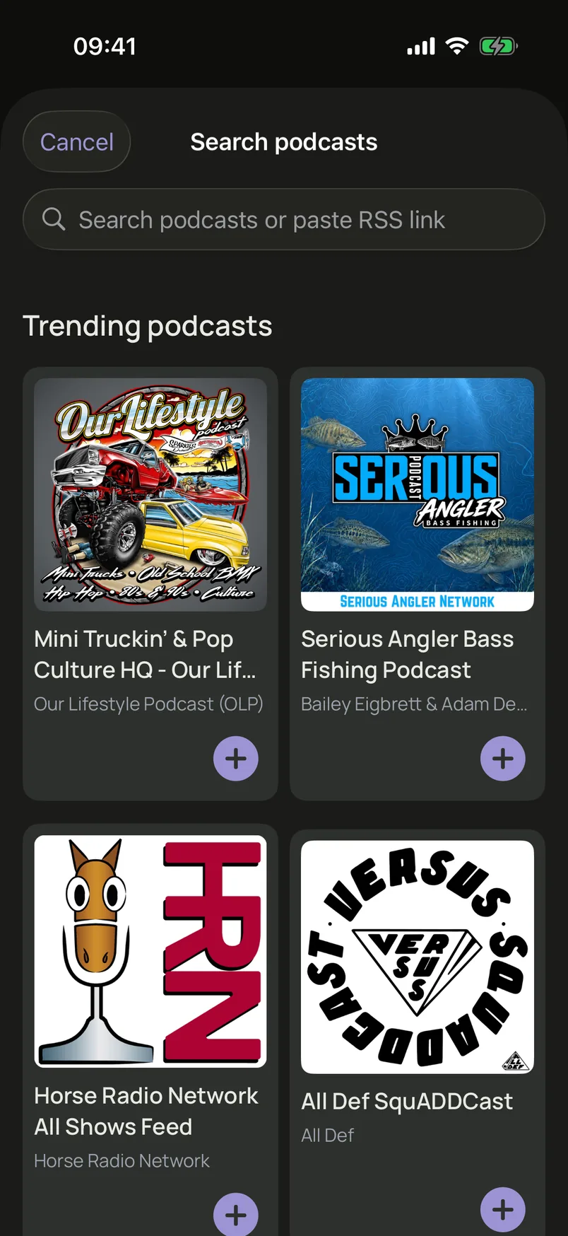 Search podcasts screen with trending shows and add buttons