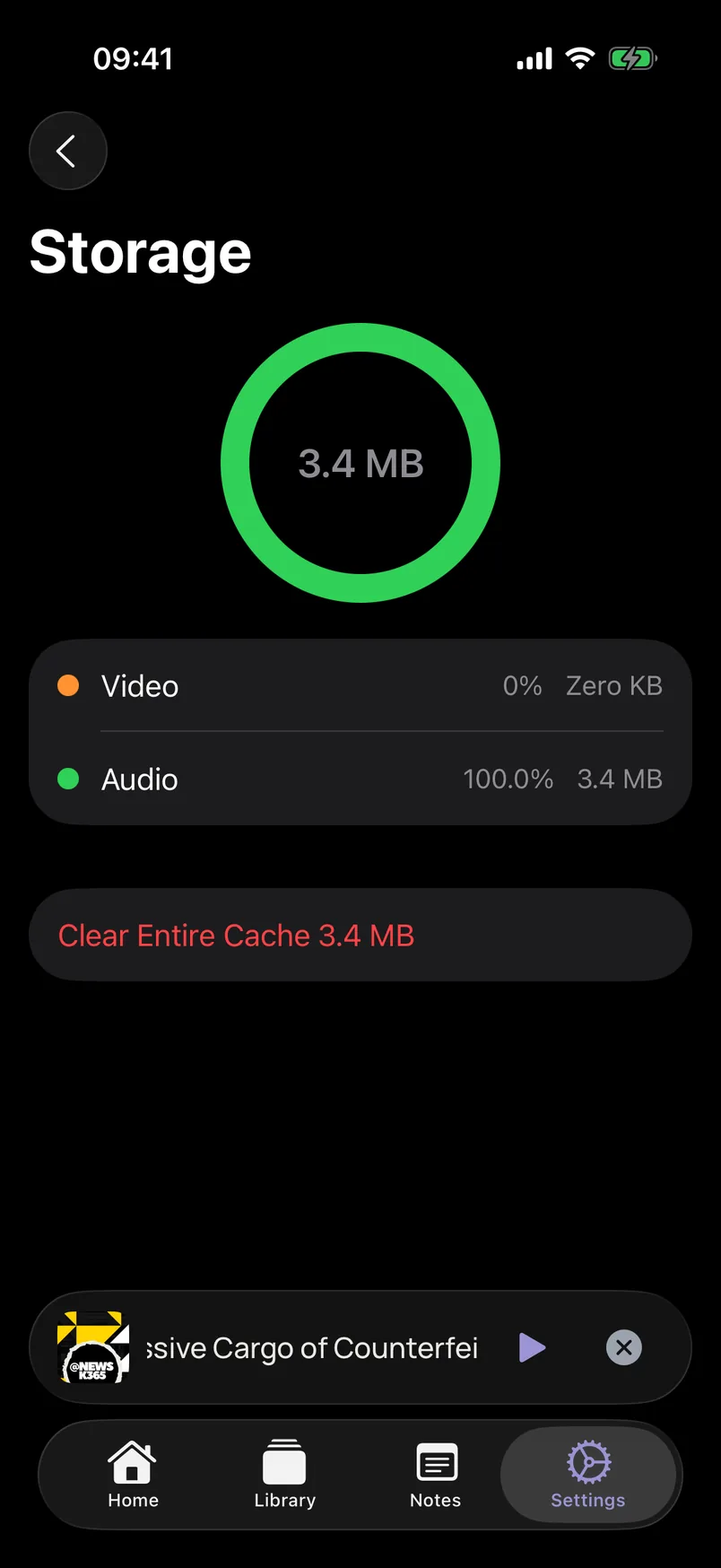 Storage screen showing audio cache usage and a clear cache action
